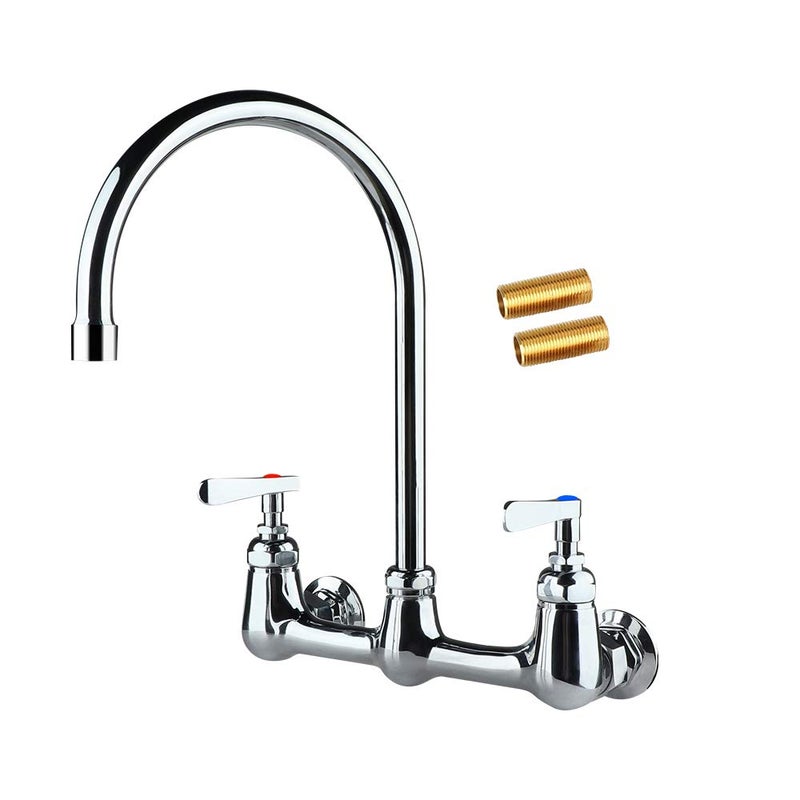 COOLWEST Commercial Wall Mount Faucet 8 Inch Center with 8" Gooseneck Swivel Spout, 2 Handles Heavy Duty Brass Kitchen Sink Faucet, Chrome Finish - Image 1